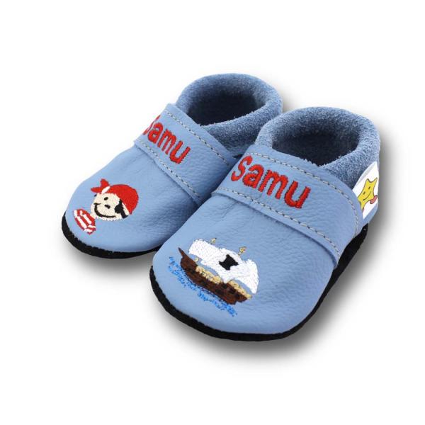 Krabbelschuhe Pirat & Schiff hellblau